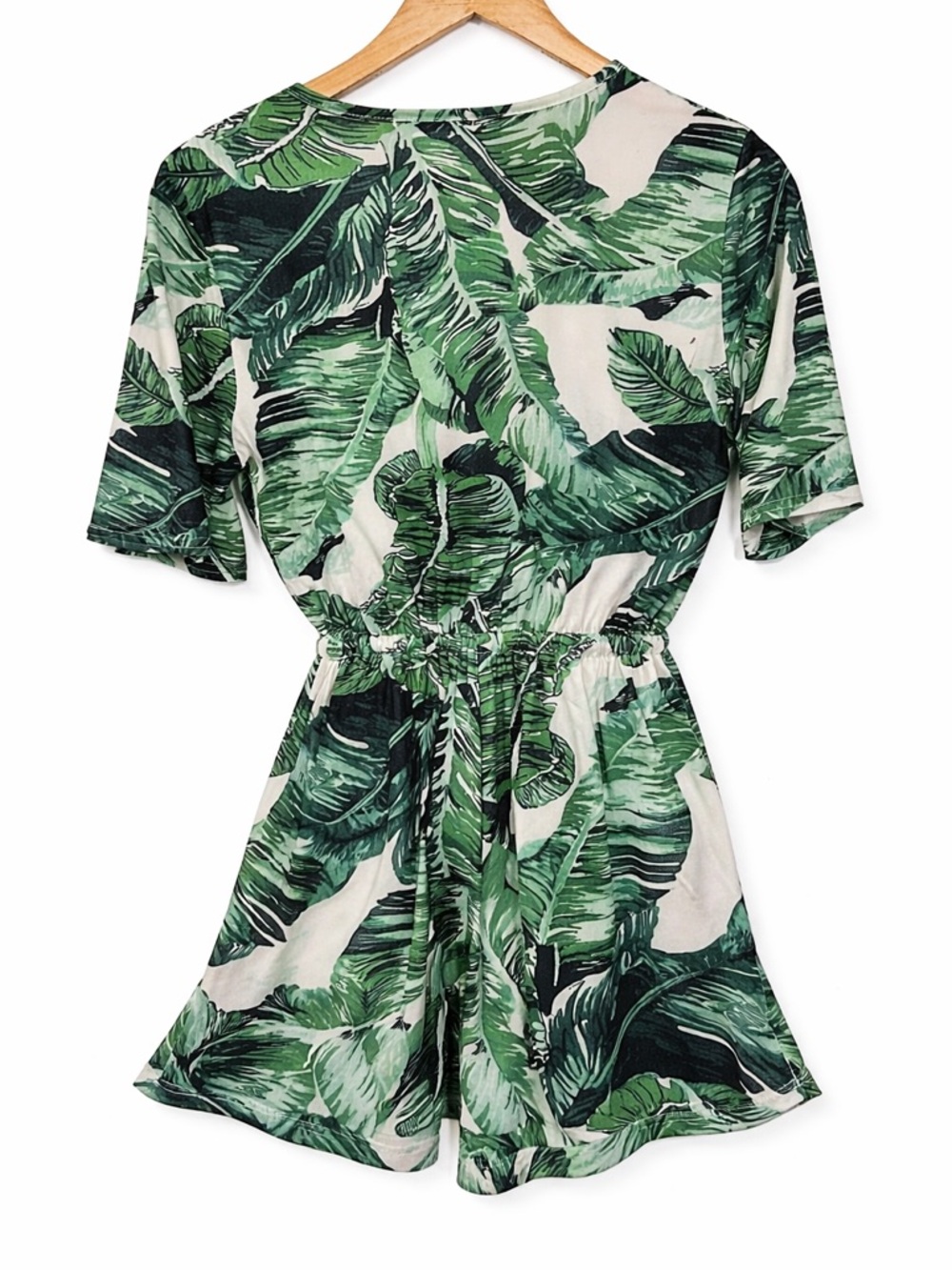Tropical Palm Leaf Romper 🌿 Green White Wrap Tie Waist Vacation Summer Small - Picture 3 of 5